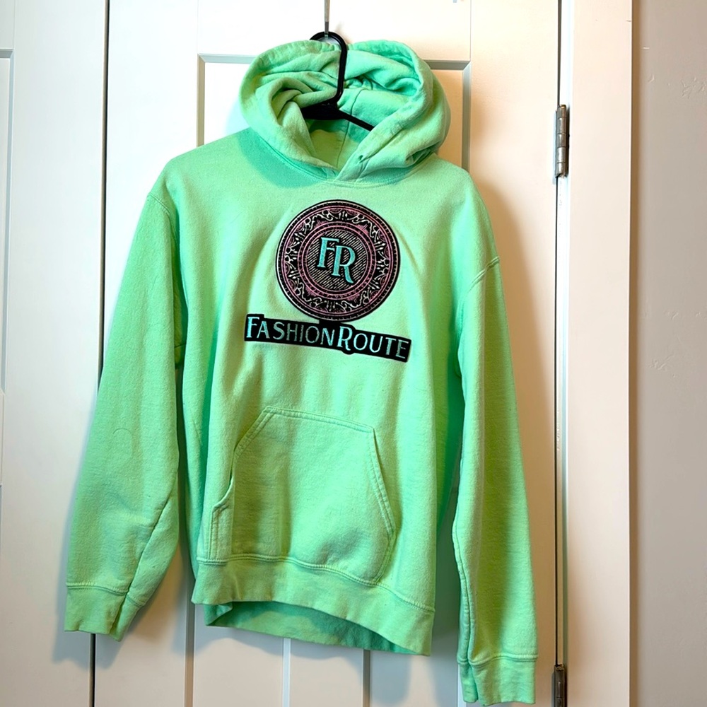 Fashion Route hoodie with pink, tan, and blue embroidery design. Size small